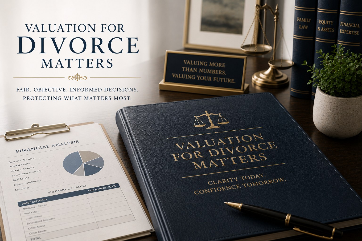 A navy "Valuation for Divorce Matters" binder embossed with scales of justice and the tagline "Clarity Today, Confidence Tomorrow" on a dark wood desk, alongside a Financial Analysis clipboard with a pie chart and a Summary of Values table, leather-bound books on family law, equity & assets, and financial expertise, a fountain pen, and a brass nameplate reading "Valuing More Than Numbers. Valuing Your Future."