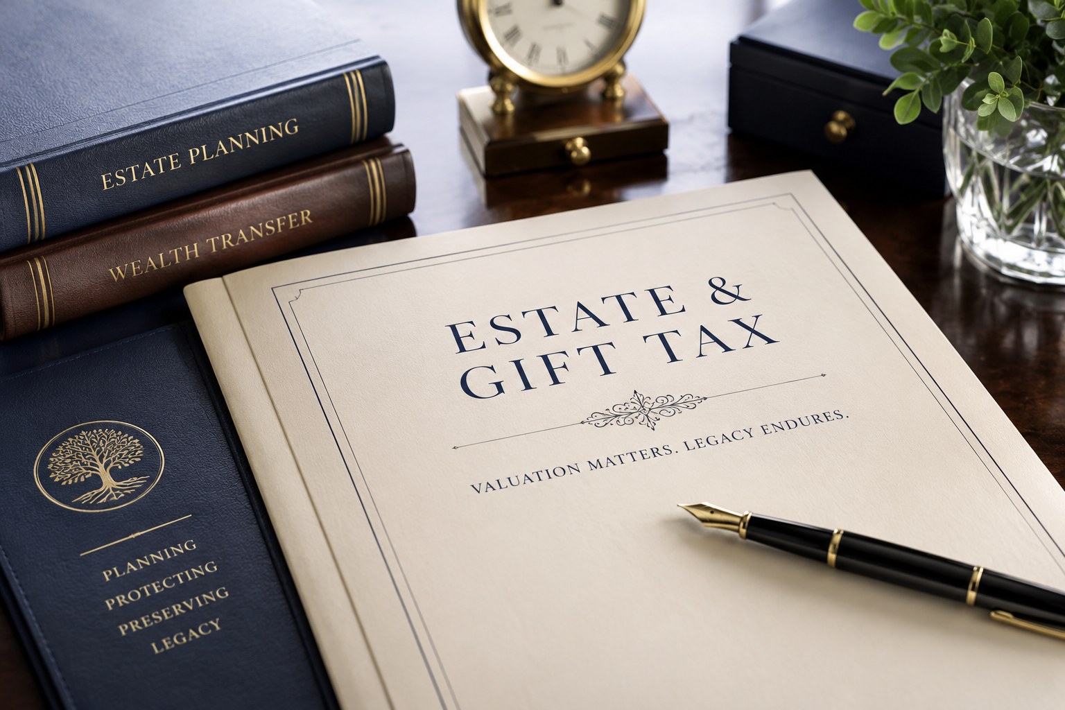 An open valuation report titled "Estate & Gift Tax — Valuation Matters. Legacy Endures." resting on a dark wood desk beside leather-bound estate planning and wealth transfer books, a fountain pen, and a brass desk clock.