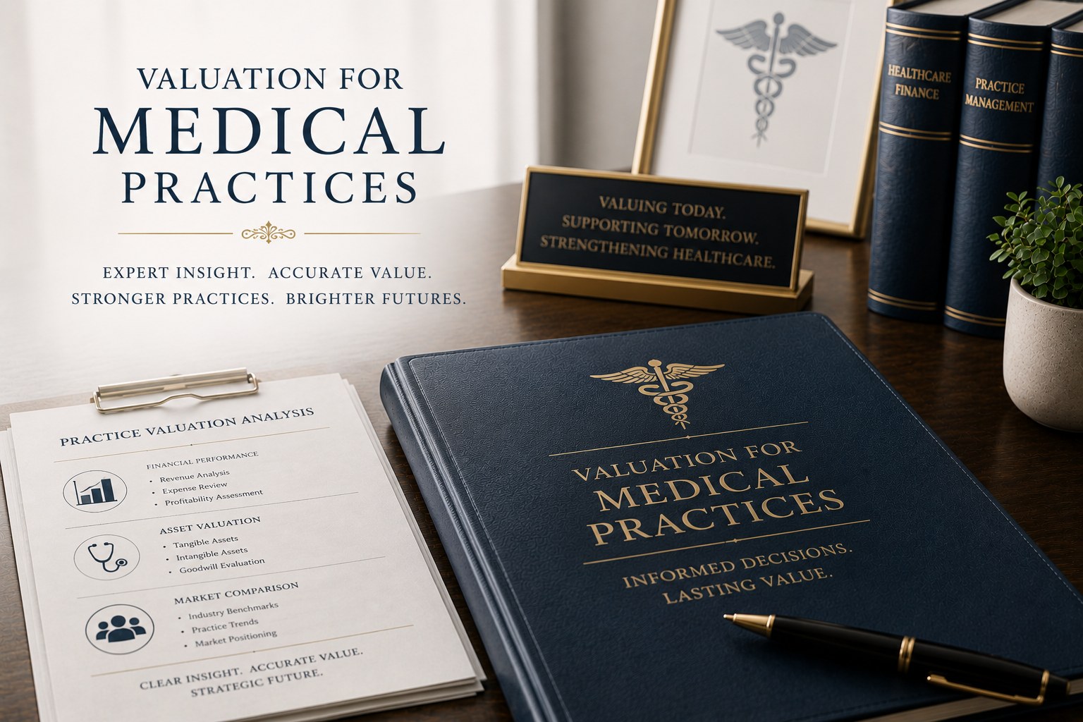 A navy "Valuation for Medical Practices" binder embossed with a gold caduceus and the tagline "Informed Decisions, Lasting Value" on a dark wood desk, alongside a Practice Valuation Analysis clipboard covering financial performance, asset valuation, and market comparison, leather-bound books on healthcare finance and practice management, a fountain pen, and a brass nameplate reading "Valuing Today. Supporting Tomorrow. Strengthening Healthcare."