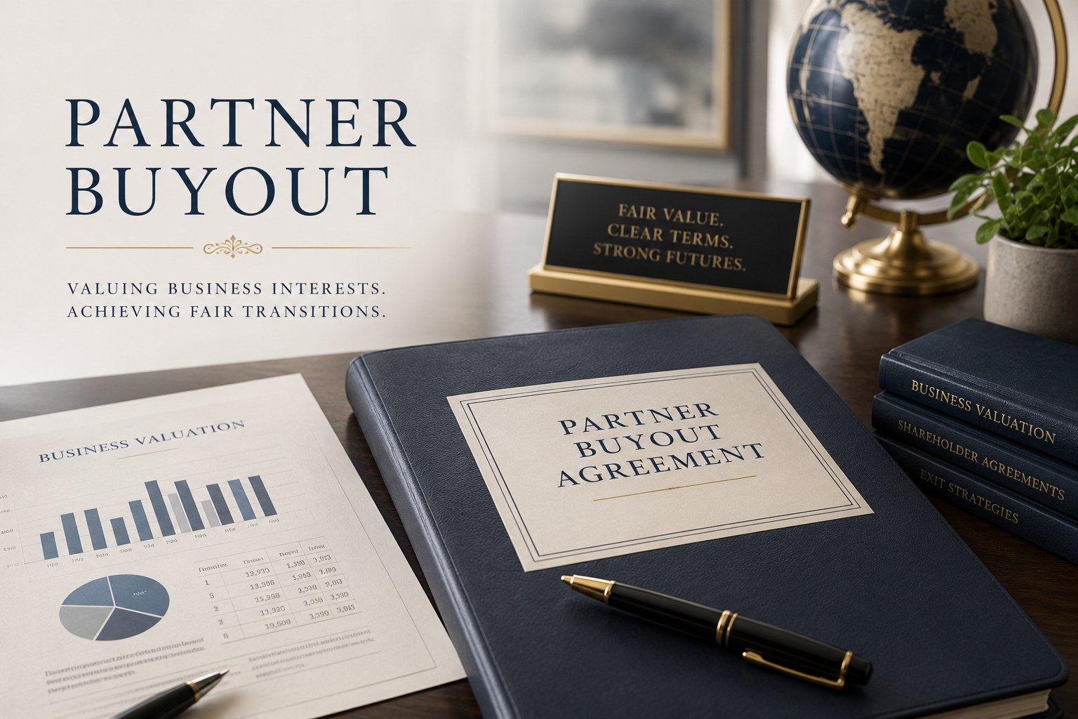 A navy "Partner Buyout Agreement" binder on a dark wood desk alongside a business valuation chart, leather-bound books on shareholder agreements and exit strategies, a fountain pen, and a brass nameplate reading "Fair Value. Clear Terms. Strong Futures."
